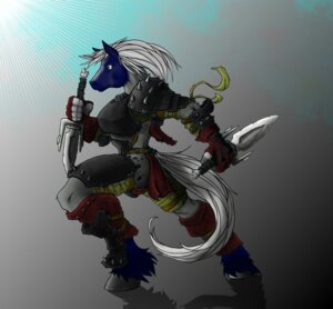 Rating: Safe Score: 0 Tags: armor bandage barbarian dagger digital_media_(artwork) e621 equid feltail_(artist) female grevan grey_hair hair holding_object holding_weapon leather mammal medieval melee_weapon miaka running smile solo tail weapon User: bunchy7s