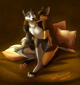 Rating: Questionable Score: 0 Tags: 2012 4_toes anthro bed boxers_(clothing) brown_body brown_fur canid canine canis claws clothed clothing digitigrade domestic_dog duo e621 eye_contact feet fur furniture grey_body grey_fur hi_res hindpaw licking looking_at_another male male/male mammal nude pawpads paws pegibruno pillow roan_(lace) romantic romantic_couple sitting soles spread_legs spreading tail tillikum toes tongue tongue_out topless underwear wolf User: bunchy7s