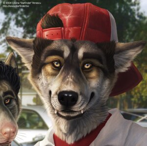 Rating: Safe Score: 0 Tags: ambiguous_gender anthro backwards_baseball_cap backwards_hat baseball_cap canid canine canis clothing cropped detailed detailed_fur duo e621 fur hat headgear headwear kannos looking_at_viewer male mammal teeth wolf yellow_eyes User: bunchy7s