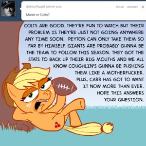 Rating: Safe Score: 0 Tags: 1:1 american_football apple applejack_(mlp) ask_blog ask_jappleack asking ball blonde_hair clothing cowboy_hat cutie_mark dialogue e621 earth_pony english_text equid equine eyelashes featureless_feet feet female feral food freckles friendship_is_magic fruit green_eyes gridiron_ball hair hasbro hat headgear headwear holding_ball holding_object horse hotdiggedydemon lol_comments mammal my_little_pony nfl open_mouth plant pony profanity solo sport tail text toony tree tumblr user_message username wood User: bunchy7s