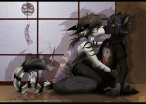 Rating: Safe Score: 0 Tags: 2010 5_fingers anthro biped black_bars black_body black_clothing black_fur black_shirt black_topwear blue_hair blush bottomwear brown_hair canid canine canis clothed clothing crossed_legs detailed_background duo e621 ears_back eyes_closed fingers fur fur_markings gloves_(marking) glowing glowing_eyes green_eyes grey_body grey_fur hair head_grab hip_grab hug inner_ear_fluff inside jersey kissing letterbox long_hair looking_at_another looking_at_partner male male/male mammal markings multicolored_body multicolored_fur pants pivoted_ears purple_clothing purple_shirt purple_topwear reflection romantic romantic_couple shadow shakumi shirt sitting slim stripes tail text topwear tuft url watermark white_body white_fur wolf User: bunchy7s