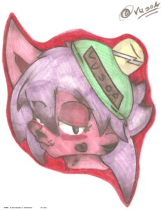 Rating: Safe Score: 0 Tags: anthro character_badge_(artwork) clothing domestic_cat e621 english_text felid feline felis female hair hat headgear headshot_portrait headwear hi_res looking_at_viewer mammal portrait purple_hair sketch solo text traditional_media_(artwork) vosoa User: bunchy7s
