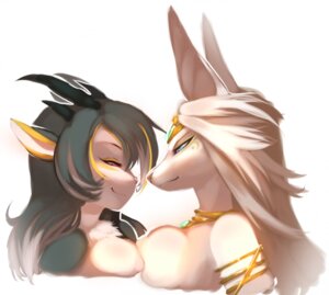Rating: Questionable Score: 0 Tags: anthro anubia anubian_jackal breast_size_difference breast_squish breasts breasts_frottage bust_portrait canid canine canis close_nipples clothed clothing deity digital_media_(artwork) duo e621 eye_contact female jackal kanel looking_at_another mammal miko-chan obsidian_(character) portrait spragon squish topless User: bunchy7s