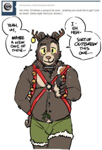 Rating: Explicit Score: 0 Tags: anthro antlers artdecade bear bell bell_harness blush bulge buttplug buttplug_tail christmas clothing comic dialogue e621 english_text fake_tail harness holidays horn jingle_bell jingle_bell_harness looking_at_viewer male mammal plug_(sex_toy) sex_toy sloth_bear solo suggestive text tumblr underwear ursine willy_(artdecade) User: bunchy7s