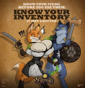 Rating: Questionable Score: 0 Tags: 2014 absurd_res anthro armello big_breasts breast_expansion breasts canid canine canis cleavage clothed clothing duo e621 english_text expansion female fox hi_res holding_melee_weapon holding_object holding_sword holding_weapon huge_breasts interrobang league_of_geeks male mammal melee_weapon scarlet_(armello) shield surprised sword text thane_(armello) weapon wolf wolfjedisamuel User: bunchy7s