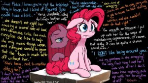 Rating: Safe Score: 0 Tags: 16:9 blue_eyes bodily_fluids crying cutie_mark dialogue dual_persona duo e621 earth_pony english_text equid equine female feral friendship_is_magic hair hasbro horse mammal miles_(artist) my_little_pony ntsts pink_hair pinkamena_(mlp) pinkie_pie_(mlp) pony quadruped sad square_crossover tail tears text text_background wall_of_text widescreen User: bunchy7s