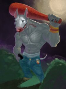 Rating: Questionable Score: 0 Tags: anthro baseball_bat bat_(object) blood bodily_fluids bottomwear bull_terrier canid canine canis cigarette clothed clothing denim denim_bottomwear denim_clothing domestic_dog e621 gun hi_res hunting_dog jeans male mammal pants ranged_weapon solo switchblade_(artist) terrier topless weapon User: bunchy7s
