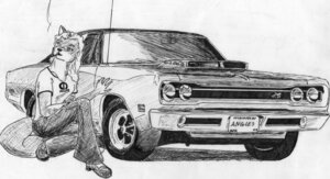 Rating: Safe Score: 0 Tags: 2009 angie_(wred) anthro canid canine canis car dodge_(brand) dodge_super_bee e621 english_text female greyscale hi_res mammal monochrome mopar muscle_car scan smoking solo stellantis_n.v. tail text vehicle wolf wred User: bunchy7s