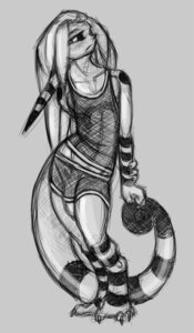 Rating: Explicit Score: 0 Tags: anthro biped blush c_line_kishin claws clothed clothing dreadlocks e621 gekk0 gekko_(character) genital_piercing genitals grey_background greyscale kishin_(gekk0) lizard male markings monochrome penis penis_piercing penis_poking_out penis_through_leghole piercing prince_albert_piercing pseudo_hair reptile scalie shirt shy simple_background sketch skimpy solo standing stripes tail tank_top topwear underwear wardrobe_malfunction User: bunchy7s