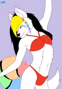 Rating: Safe Score: 0 Tags: anthro bikini canid canine clothed clothing coontail_hair dancing e621 female fox hi_res lonefox mammal rainbow solo swimwear tail two-piece_swimsuit User: bunchy7s