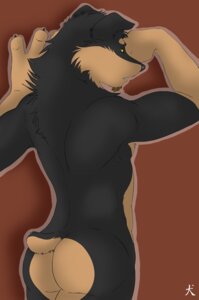 Rating: Questionable Score: 0 Tags: anthro black_body black_fur black_nose brown_background butt canid canine canis claws domestic_dog e621 facial_hair fur goatee looking_back male mammal nude outline rear_view simple_background solo straydog tan_body tan_fur yellow_eyes User: bunchy7s