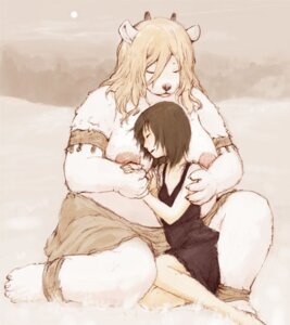Rating: Questionable Score: 0 Tags: clothed clothing duo e621 female hug human kunugi mammal outside overweight snow topless unknown_species User: bunchy7s