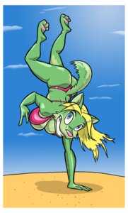 Rating: Questionable Score: 0 Tags: 3_toes anthro barefoot beach bikini bindi_(character) blonde_hair blue_eyes border breasts butt canid canine canis clothed clothing detailed_background e621 feet female green_body greyofpta grin hair handstand long_hair looking_at_viewer mammal on_one_hand outside pawpads pink_pawpads plantigrade sand seaside skimpy sky smile soles solo swimwear tail toes toony two-piece_swimsuit white_border wolf User: bunchy7s