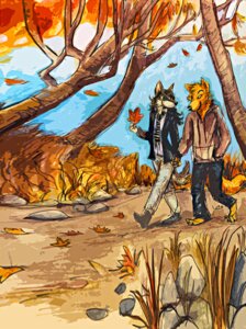 Rating: Safe Score: 0 Tags: accessory anthro autumn black_hair bottomwear canid canine clothed clothing day detailed_background duo e621 falling_leaves footwear fully_clothed grass hair hand_holding hoodie jacket java leaf male male/male mammal nature necktie outside pants plant rock romantic romantic_ambiance romantic_couple shoes sky tail topwear tree walking User: bunchy7s