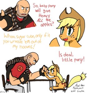 Rating: Safe Score: 0 Tags: applejack_(mlp) comic cosaber crossover e621 earth_pony english_text equid equine female feral friendship_is_magic furniture hasbro heavy_(team_fortress_2) horse male mammal my_little_pony pony simple_background table tail team_fortress_2 text valve valve_corporation white_background User: bunchy7s