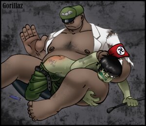 Rating: Explicit Score: 0 Tags: ass black_hair chubby_male clenched_teeth gorillaz green_skin green_teeth half-dressed humon male male_only murdoc_niccals nazi pained_expression punishment red_ass rule34 russel_hobbs spanking_ass sweating unwilling_male User: bunchy7s
