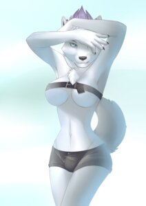 Rating: Questionable Score: 0 Tags: 2013 anthro belly belt belt_bra belted_breasts biped black_nose blue_eyes breasts bulge canid canine chest_tuft claws clothed clothing e621 fionafortunecookie fur gynomorph hair intersex looking_at_viewer mammal midriff navel nipples purple_hair skimpy snout snowstorm_(magentawolf) solo standing tail tuft unconventional_clothing under_boob whiskers white_body white_fur User: bunchy7s