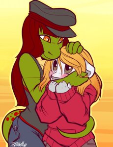 Rating: Safe Score: 0 Tags: anthro blonde_hair blush chloe_(chloe.hydraconis) clothing domestic_cat duo e621 felid feline felis female female/female hair hat headgear headwear lizard long_hair mammal minettefraise neko_(strawberryneko) prehensile_tail red_hair reptile scalie shy simple_background sweater tail topwear yellow_background User: bunchy7s