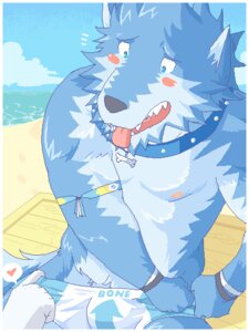 Rating: Questionable Score: 0 Tags: 2007 anthro beau_(bo-gilliam) beaugilliam blue_body blue_eyes blue_fur blue_hair canid canine canis clothed clothing collar domestic_dog e621 fur hair male mammal solo topless underwear User: bunchy7s