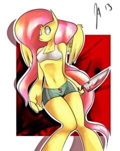 Rating: Questionable Score: 0 Tags: 2013 4:5 anthro anthrofied biped blood bodily_fluids bottomwear bra breasts clothing digital_media_(artwork) e621 equid equine feathered_wings feathers female fluttershy_(mlp) friendship_is_magic hair hasbro hi_res knife mammal my_little_pony mythological_creature mythological_equine mythology pegasus pink_hair shorts solo somescrub underwear weapon wings yellow_body yellow_feathers User: bunchy7s