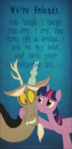 Rating: Safe Score: 0 Tags: 2014 antlers celestiathegreatest chimera discord_(mlp) draconequus duo e621 english_text equid equine fangs feathered_wings feathers female friendship_is_magic fur hair hasbro hi_res horn hug male mammal multicolored_hair my_little_pony mythological_creature mythological_equine mythology purple_body purple_eyes purple_fur purple_hair red_eyes smile teeth text twilight_sparkle_(mlp) two_tone_hair winged_unicorn wings User: bunchy7s
