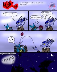 Rating: Safe Score: 0 Tags: 2014 4:5 ambiguous_gender anthro blue_body blue_fur canid canine comic crescent_moon dialogue dragon e621 emoticon english_text eyes_closed female fur generation_4_pokemon heart_emoticon heart_symbol lucario lucia_(snowfyre) mammal moon mythological_creature mythological_scalie mythology night nintendo number open_mouth playing pokemon pokemon_(species) scalie snowfyre speech_bubble spikes star text yellow_eyes User: bunchy7s