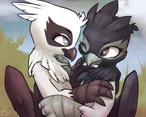 Rating: Safe Score: 0 Tags: 2014 5:4 anthro atryl avian beak black_body black_feathers brown_body brown_feathers cloud digital_media_(artwork) duo e621 eye_contact feathered_wings feathers female female/female friendship_is_magic genevieve_(mlp) grass grey_eyes gryphon hasbro hug looking_at_another my_little_pony mythological_avian mythological_creature mythology natalya_(mlp) one_eye_closed outside plant sky smile white_body white_feathers wings wink User: bunchy7s