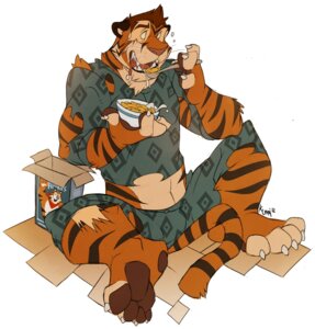 Rating: Safe Score: 0 Tags: 2012 anthro bengal_tiger bottomwear bowl box breakfast cereal clothing container countershading digital_media_(artwork) e621 english_text felid food frosted_flakes hi_res kellogg's kuma male mammal mascot milk pajamas pantherine pants shirt simple_background solo stripes tail teeth text tiger tony_the_tiger topwear torn_clothing transformation worried User: bunchy7s