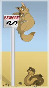 Rating: Safe Score: 0 Tags: ambiguous_gender canid canine canis coyote desert detailed_background duo e621 feral ignigeno mammal outside reptile scalie scared sign sky snake tail toony User: bunchy7s