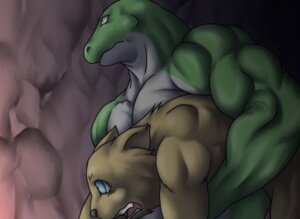 Rating: Questionable Score: 0 Tags: anthro bomb_(artist) canid canine cave duo e621 lizard low_res male mammal muscular nude reptile scalie User: bunchy7s