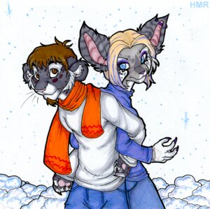 Rating: Safe Score: 0 Tags: anthro black_whiskers blue_eyes bottomwear brown_eyes brown_hair clothed clothing duo e621 ear_piercing felid feline female fully_clothed glamfur grimmorph_(character) hair industrial_piercing lion lynx male mammal pantherine pants piercing scarf shirt short_hair snow topwear whiskers white_hair zeriara User: bunchy7s