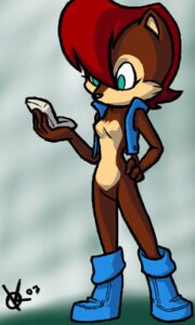Rating: Safe Score: 0 Tags: 2007 3:5 4_fingers anthro biped black_nose boots bottomless breasts brown_body brown_fur chipmunk clothed clothing digital_media_(artwork) e621 featureless_breasts featureless_crotch female fingers footwear fur ground_squirrel hair hand_on_hip holding_object kenfoxx low_res mammal nicole_(computer) oekaki open_clothing red_hair rodent sally_acorn sciurid sega shoes short_hair simple_background small_breasts solo sonic_the_hedgehog_(series) standing tan_body tan_fur teal_eyes topwear vest User: bunchy7s