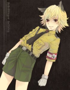 Rating: Safe Score: 0 Tags: 2009 5_fingers accessory animal_humanoid armband belt blonde_hair bottomwear cat_humanoid character_name clothed clothing e621 felid felid_humanoid feline feline_humanoid fingers fist front_view fully_clothed gloves hair handwear hellsing humanoid kura_(artist) looking_at_viewer male mammal mammal_humanoid military nazi necktie red_eyes schrodinger_(hellsing) shirt short_hair shorts solo swastika tan_body tan_skin text topwear uniform User: bunchy7s