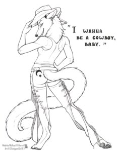 Rating: Questionable Score: 0 Tags: anthro butt canid canine canis chaps clothing cowboy cowboy_hat domestic_cat e621 english_text feathers felid feline felis female hat headgear headwear hybrid knee_pit malaika mammal rear_view shinigamigirl solo tail tattoo text wolf User: bunchy7s