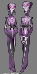 Rating: Safe Score: 0 Tags: alien alpha_channel bottomwear clothed clothing duo e621 female glowing janner3d male not_furry purple_body purple_clothing purple_eyes robe simple_background skirt slim transparent_background User: bunchy7s