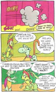 Rating: Safe Score: 0 Tags: anthro clothing comic compression_artifacts curtains dialogue duo e621 english_text epic_games female hare jazz_jackrabbit jazz_jackrabbit_(series) kerchief lagomorph leporid male mammal nick_stadler official_art reptile scalie text toony turtle User: bunchy7s
