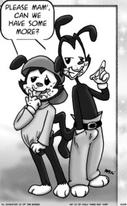Rating: Explicit Score: 0 Tags: 2006 animaniacs annie-mae anthro bottomless bulge clothes english_text female feral fur furry male male_only monochrome multiple_males pussy pussy_juice rule34 smile standing tagme text topless wakko_warner yakko_warner User: bunchy7s
