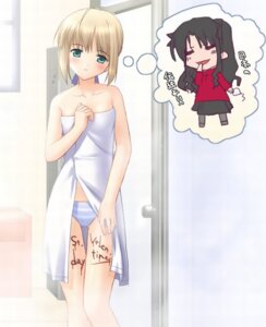Rating: Questionable Score: 0 Tags: artoria_pendragon black_hair blonde_hair blue_panties fate/stay_night fate_(series) female female_only green_eyes hand_to_mouth human multiple_females multiple_girls naked_towel panties rule34 striped_panties text thought_bubble tohsaka_rin towel translation_request underwear valentine User: bunchy7s