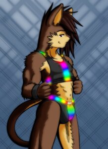 Rating: Questionable Score: 0 Tags: anthro bright brown_body brown_fur brown_hair bulge clothed clothing colorful_theme e621 felid fur glistening hair long_hair male mammal pose rainbow shiuk smile solo tail thong tight_clothing underwear wristband User: bunchy7s