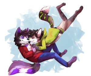 Rating: Safe Score: 0 Tags: abstract_background anthro barefoot black_nose canid canine clothed clothing duo e621 feet female fully_clothed green_nose herutastic male mammal purple_eyes romantic romantic_couple side_view smile User: bunchy7s