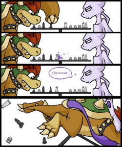 Rating: Safe Score: 0 Tags: 5:6 ambiguous_gender angry anthro awkwardzombie bowser challenge_accepted checkmate chess claws comic crossover defeat digital_media_(artwork) duo e621 felid gaming generation_1_pokemon horn humor katie_tiedrich koopa legendary_pokemon male mammal mario_bros meme mewtwo nintendo pokemon pokemon_(species) pounce reptile scalie smile super_smash_bros. tackle tail User: bunchy7s