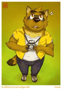 Rating: Safe Score: 0 Tags: anthro biped camera canid canine clothed clothing e621 exclamation_point footwear fully_clothed hi_res kounosuke_kuri male mammal morenatsu raccoon_dog shoes slightly_chubby solo tail tanuki unavailable_at_source xedgewolfx yellow_eyes User: bunchy7s