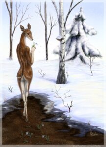 Rating: Safe Score: 0 Tags: anthro butt deer e621 faellin female flower hi_res hooves looking_back mammal nude plant smile snow solo tree winter User: bunchy7s
