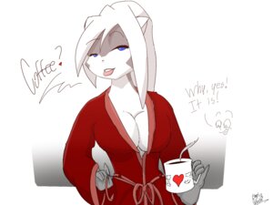 Rating: Questionable Score: 0 Tags: 4:3 anthro bagelcollector bathrobe beverage blue_eyes breasts cleavage clothed clothing coffee container cup dialogue digital_media_(artwork) duo e621 english_text felid female food hair half-length_portrait hi_res holding_container holding_cup holding_object looking_at_viewer mammal portrait robe seductive solo_focus text white_hair User: bunchy7s