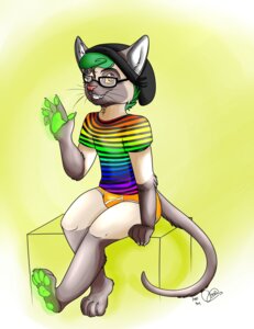 Rating: Safe Score: 0 Tags: absurd_res anthro citrus_lemonade claws clothing domestic_cat e621 ear_piercing eyewear feet felid feline felis fur glasses glowing green_hair hair hi_res male mammal paws piercing rainbow siamese_cat simple_background smile solo teeth toes underwear User: bunchy7s
