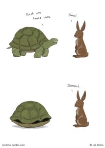 Rating: Safe Score: 0 Tags: ambiguous_gender comic dialogue duo e621 english_text hi_res humor lagomorph leporid liz_climo mammal open_mouth rabbit reptile scalie shell simple_background speech_bubble text turtle turtle_shell url white_background User: bunchy7s