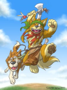 Rating: Safe Score: 0 Tags: 2001 3:4 adventure adventurer anthro axe canid canine canis duo e621 feral happy male mammal melee_weapon midair quadruped running size_difference tail weapon wolf yoshita_inuno User: bunchy7s