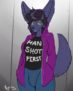 Rating: Questionable Score: 0 Tags: 2014 anthro black_nose blue_lips breasts bulge canid canine canis clothed clothing digital_media_(artwork) domestic_dog e621 fur green_eyes gynomorph hoodie husky intersex lips looking_at_viewer mammal nightfaux nordic_sled_dog purple_body purple_fur solo spitz tail topwear wolf User: bunchy7s