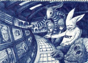 Rating: Safe Score: 0 Tags: amazing_background ambiguous_gender anthro blue_and_white blue_theme clothed clothing detailed detailed_background e621 fisheye_lens foreshortening fully_clothed group human inside lagomorph leporid mammal monochrome monster nintendo oratnir pen_(artwork) rabbit shirt toony topwear traditional_media_(artwork) User: bunchy7s