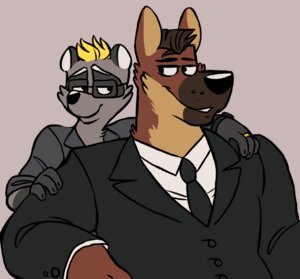 Rating: Safe Score: 0 Tags: anthro black_clothing black_eyes black_nose black_topwear blonde_hair brown_hair canid canine canis clothed clothing collared_shirt domestic_dog dress_shirt duo e621 eyewear german_shepherd glasses grey_clothing grey_topwear hair hammer_(character) herding_dog jacket male mammal neil_(character) pastoral_dog procyonid raccoon ring shirt size_difference suit topwear vasuki white_clothing white_topwear User: bunchy7s